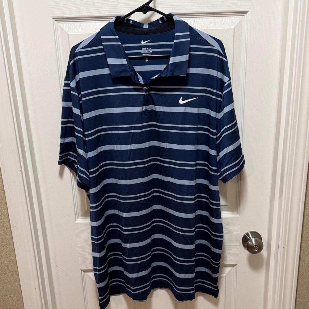 Nike Men's Blue and Gray Striped Polo